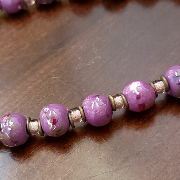 Vintage 24 Inch Purple Beaded Necklace Hand Painted Floral Accents 1980s Jewelry - Picture 6 of 10